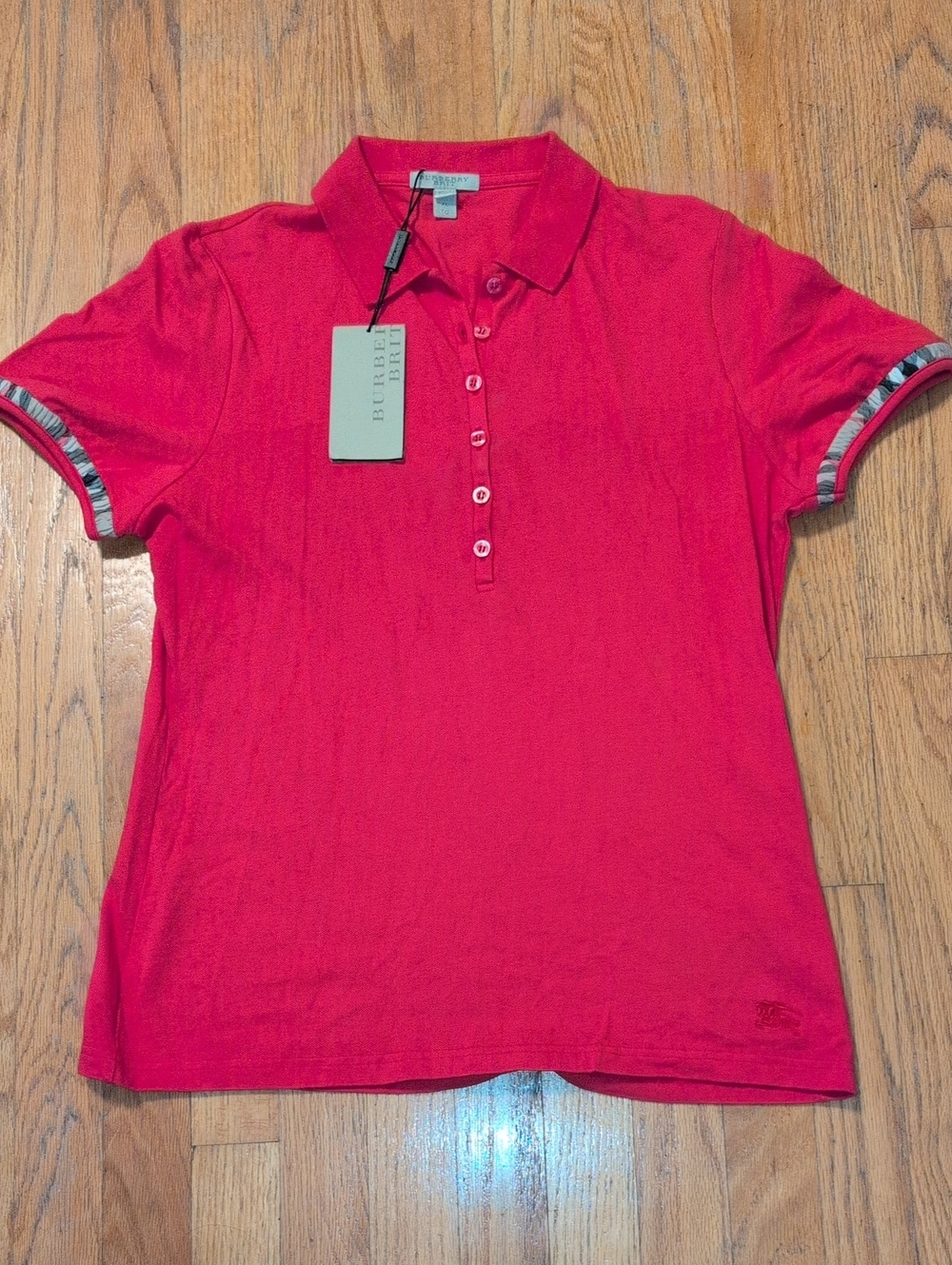Burberry Bright Pink Short-Sleeve Polo with Check Trim